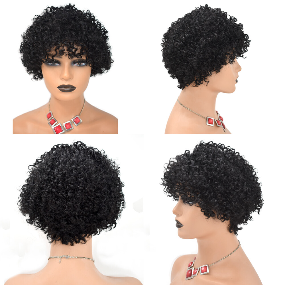 Afro Kinky Curly Short Soft Human Hair Women Wig with Bangs Natural Brazilian US