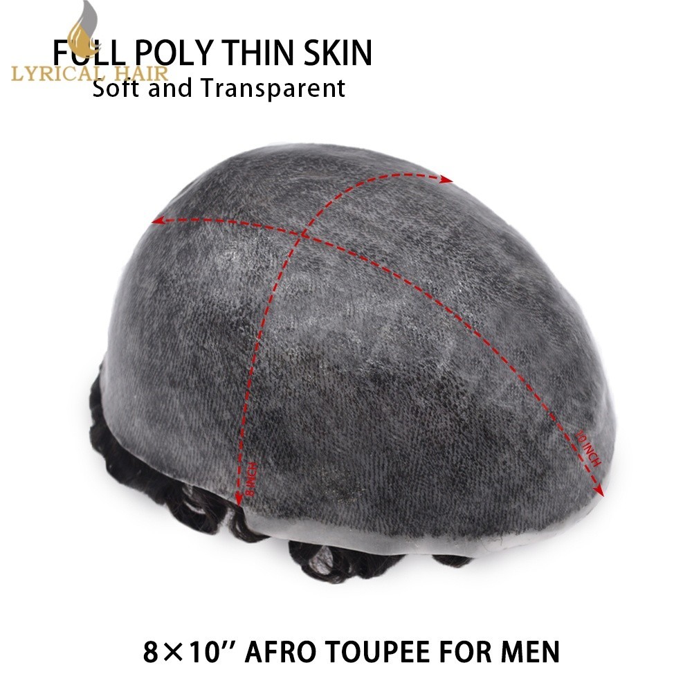 US 20mm Curly Toupee For Men Human Hair System Skin PU Deep Wavy Mens Hair Piece