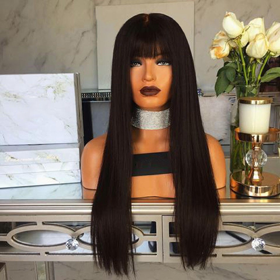 Black Long Straight Cosplay Party Wigs With Bangs Halloween Soft Synthetic Hair