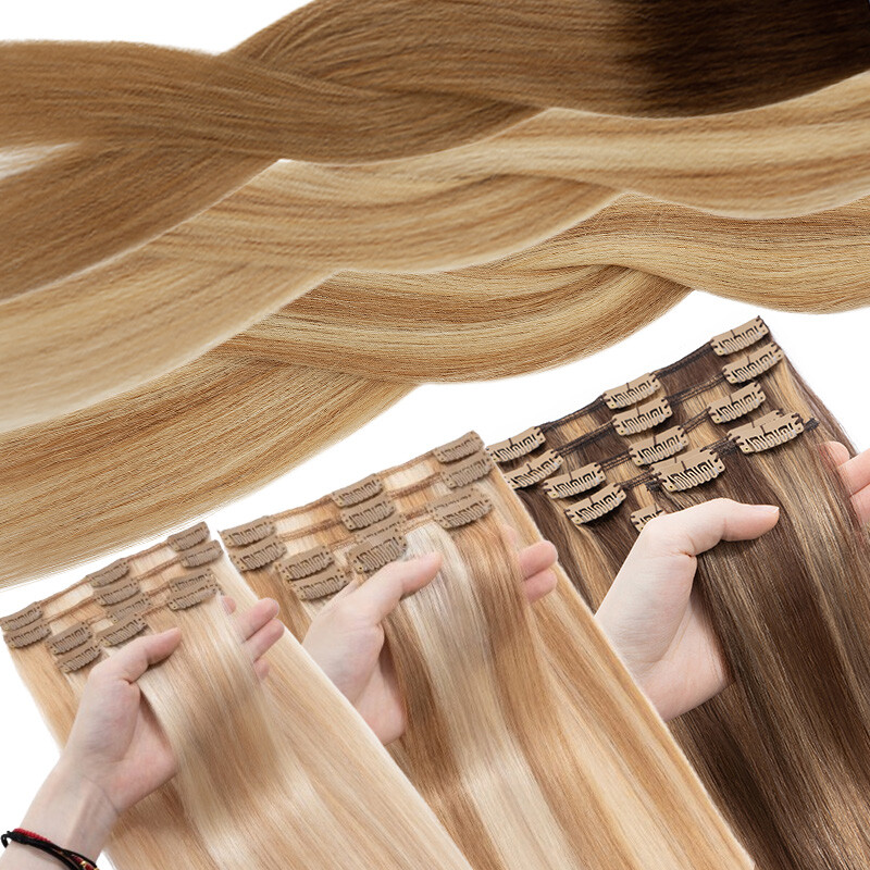 100% Clip In Remy Human Hair Extensions Full Head Black/Brown/Blonde Straight