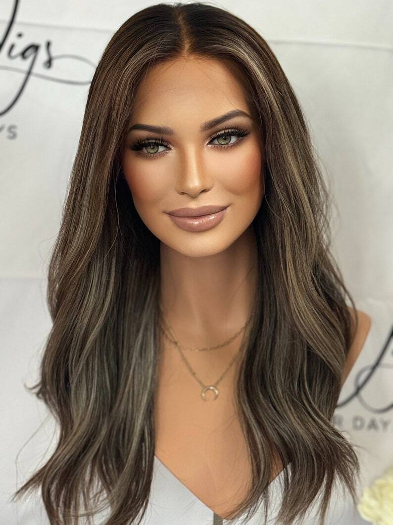 18 inch Ash Brown Highlight Lace Front Wig Human Hair Pre Plucked Body Wave