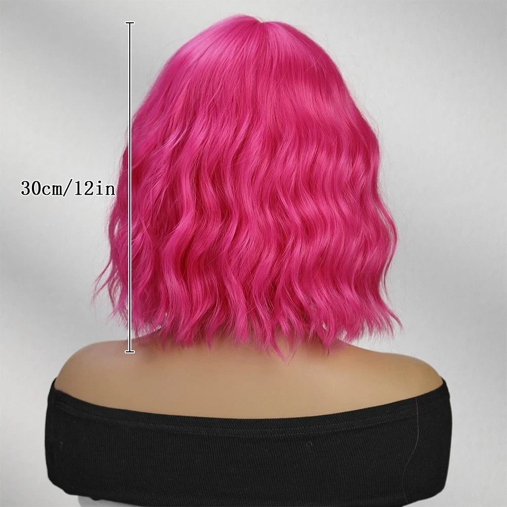12″ Pink Short Wavy Wig with Bangs Women Curly Synthetic Hair Wig Fashion Daily