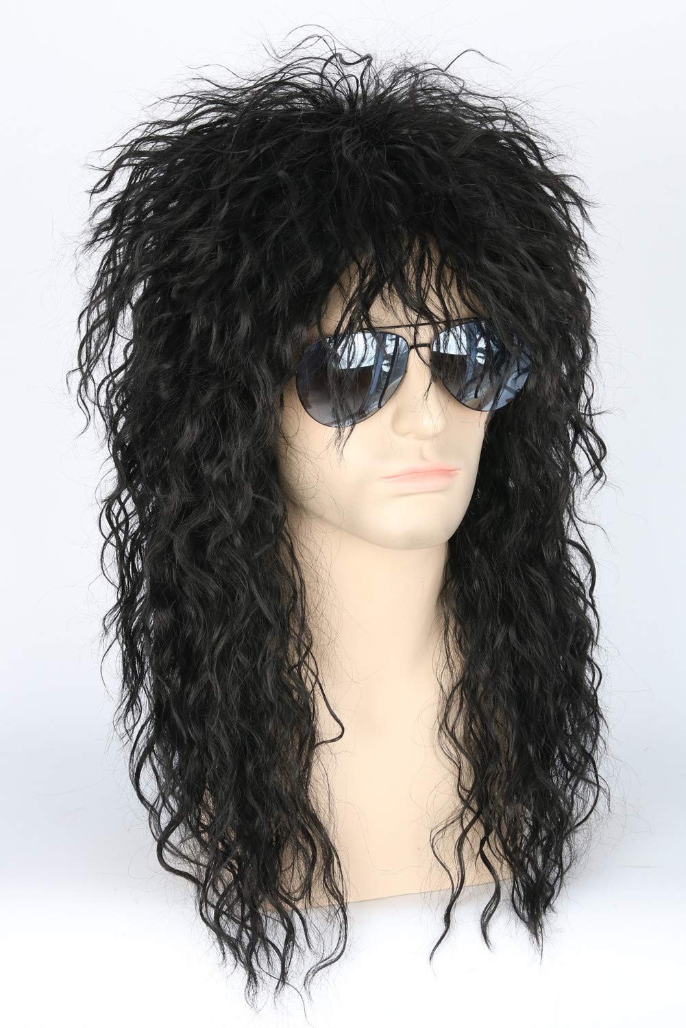 Men’s 80s Black Mullet Wigs Male Hair Punk Heavy Metal Rocker Long Curly Wig USA