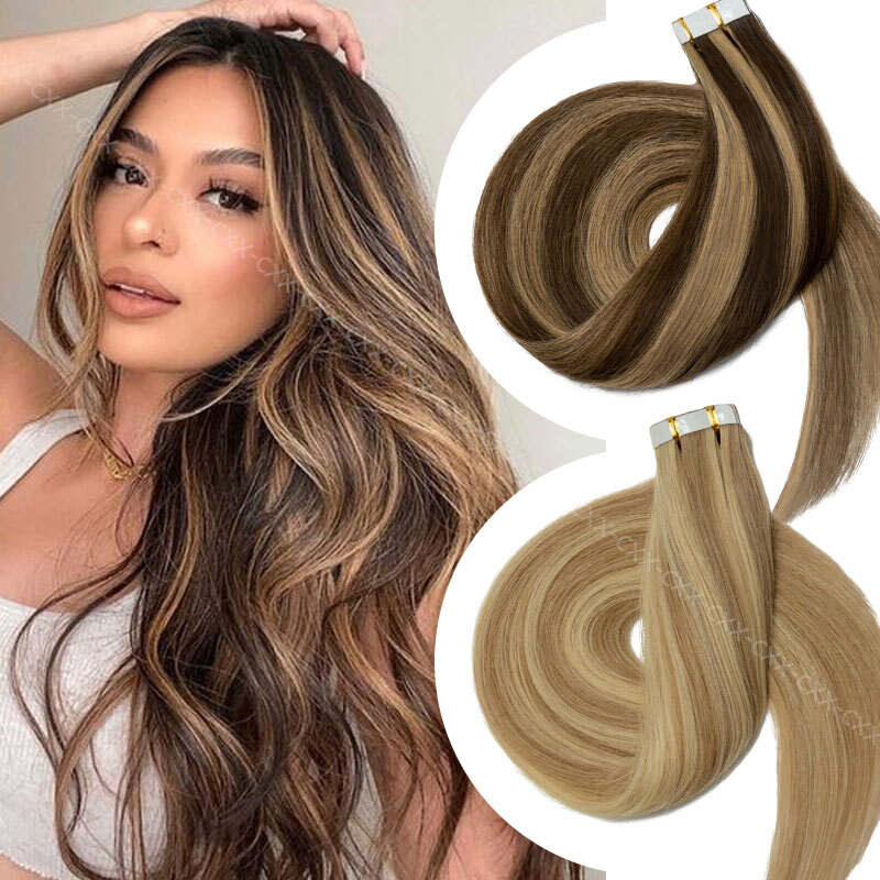 Thick 20-60pcs Tape In Remy Human Hair Extensions Skin Weft FULL HEAD BALAYAGE w