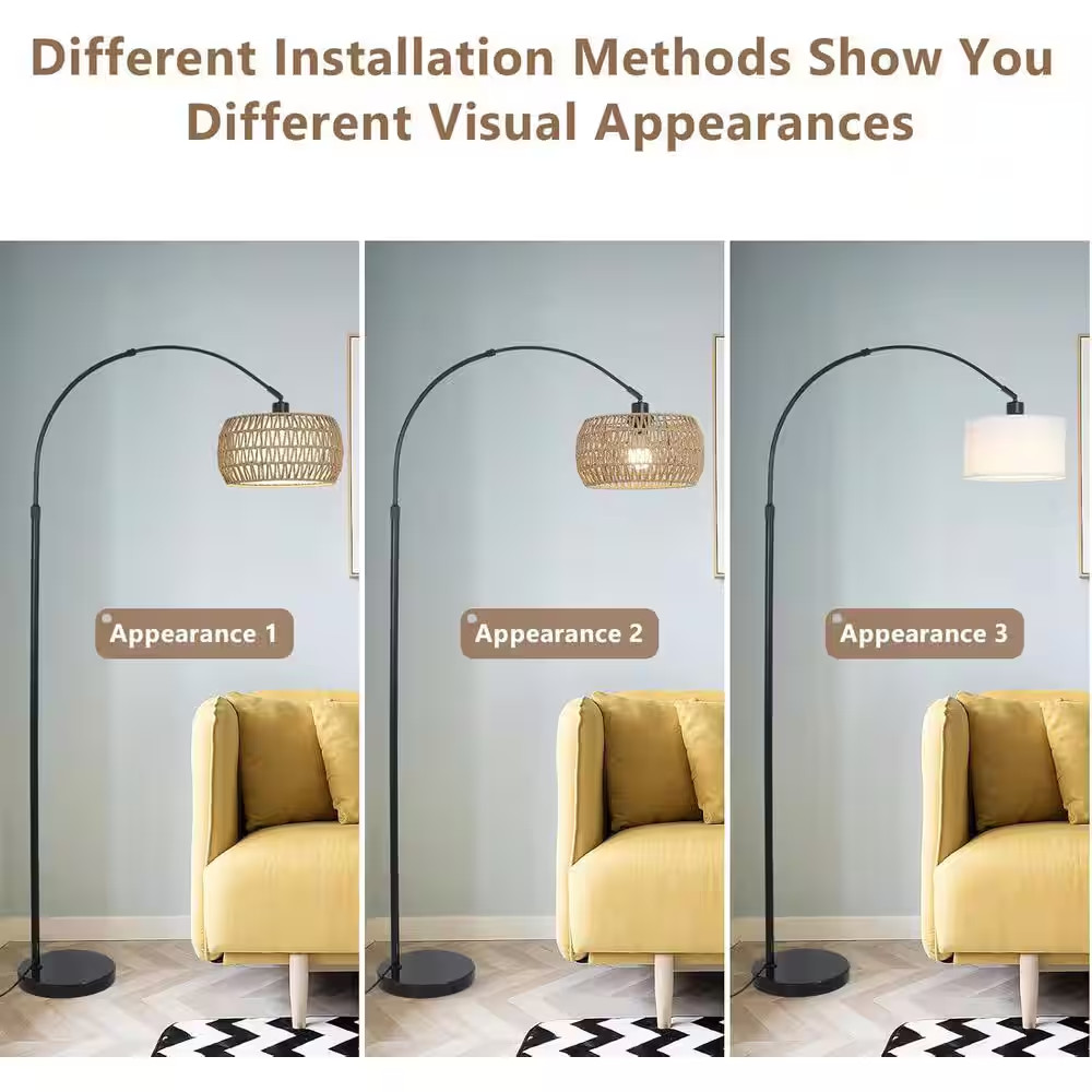 72 In. Brown & Black 1-Light Smart Arc Floor Lamp with Rattan & Fabric Double Dr