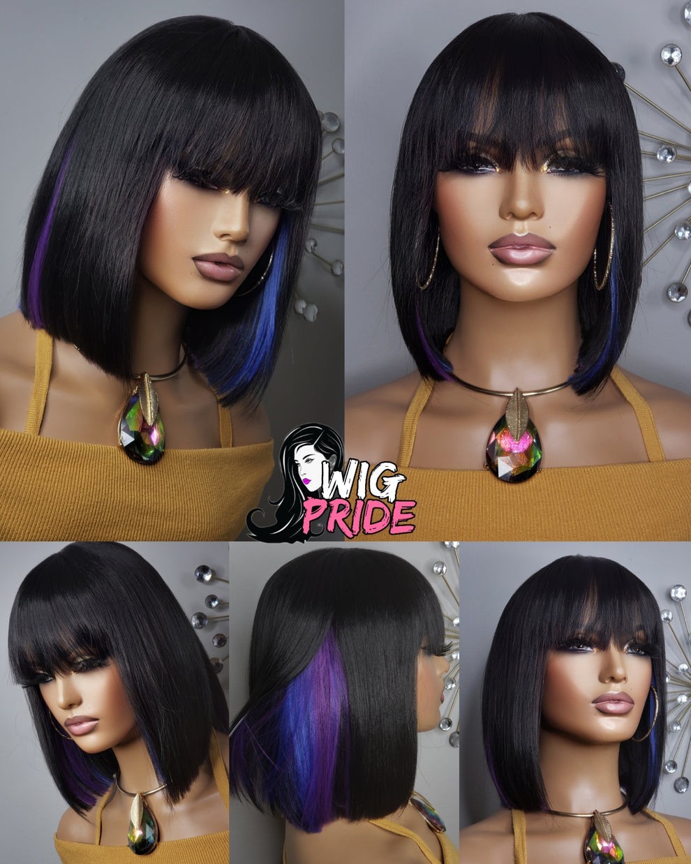 New Short Human Hair Blend Straight Bob Wrap Full Cap Wig Black Blue Purple Wig