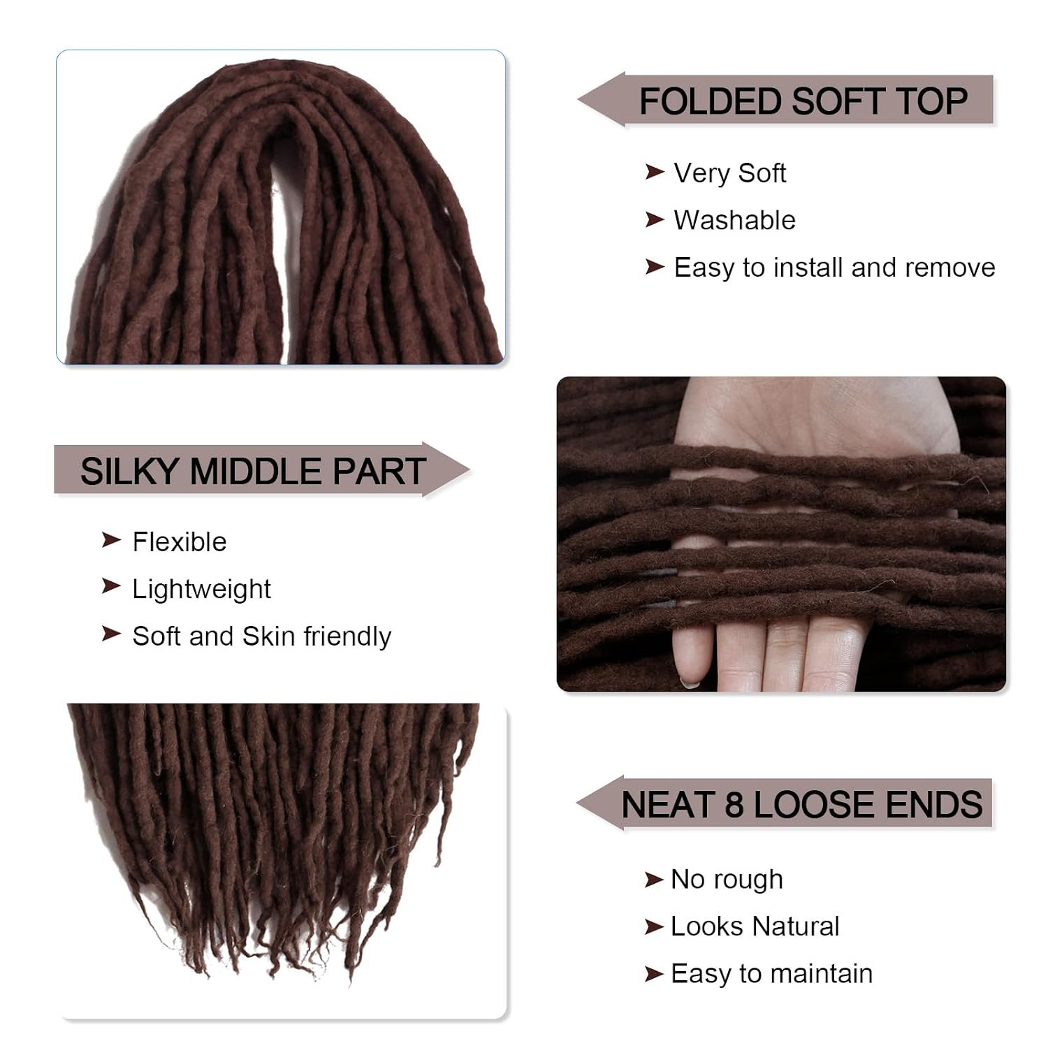 Dreadlock Extensions Dark Brown Wool Double Ended DE End Dreads 15 Strands