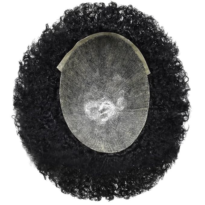 Afro Toupee for Black Men 6MM Curly Brazilian Hair System PU Base 1B Black