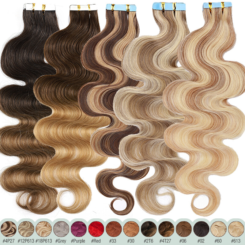 Body Wave Thick Tape In Skin Weft 100% Remy Human Hair Extensions Full Head 150g