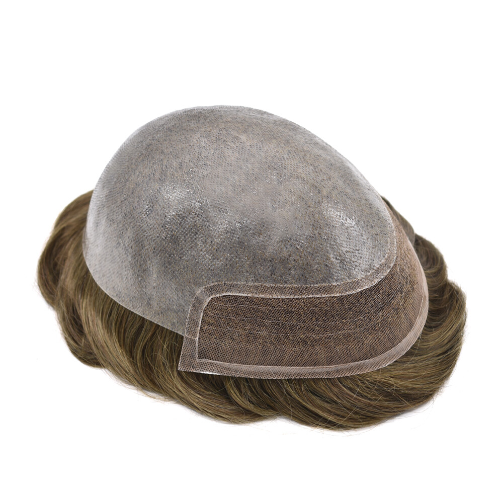Mens Toupee French Lace Front Hairpieces Poly Skin PU Human Hair Systems for Men