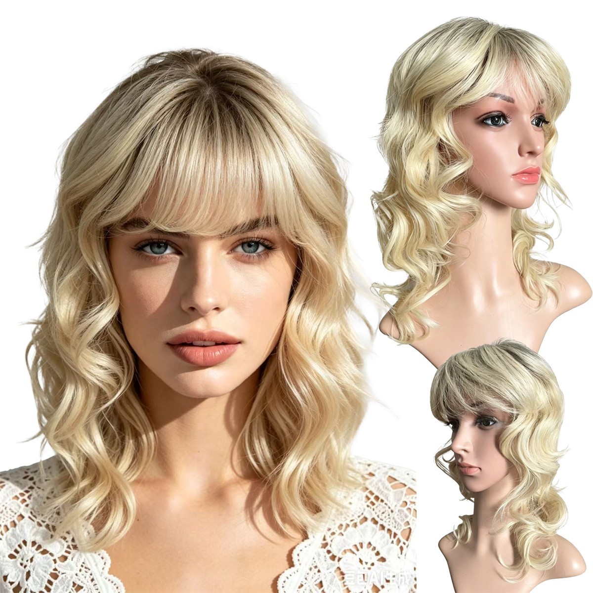 Ombre 613 Blonde Short Curly Wavy Shoulder Length Wig with Bangs Heat Resistant