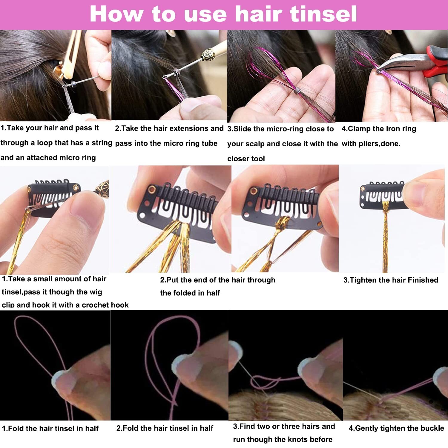 12/16 Color Hair Tinsel Kit with Tools 3200 Strand Glitter Tinsel Hair Extension