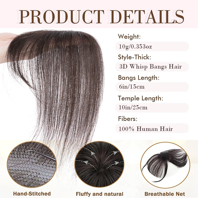 100% Real Human Hair Air Bangs Clip In Remy Extensions 3D Fringe Front Hairpiece