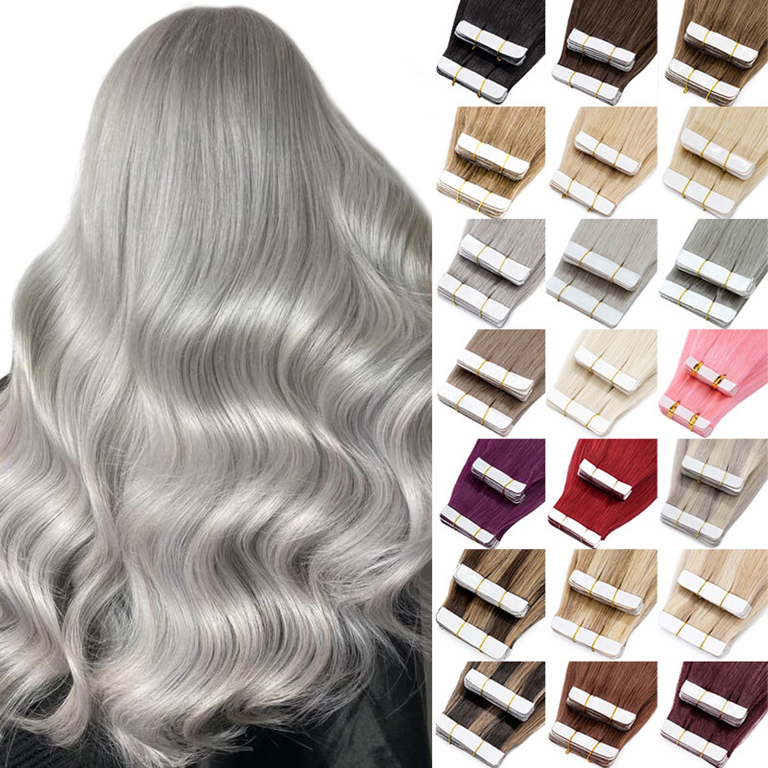 Tape in Human Hair Extensions Invisible Adhesive Glue Skin Weft Remy Hair16-26in