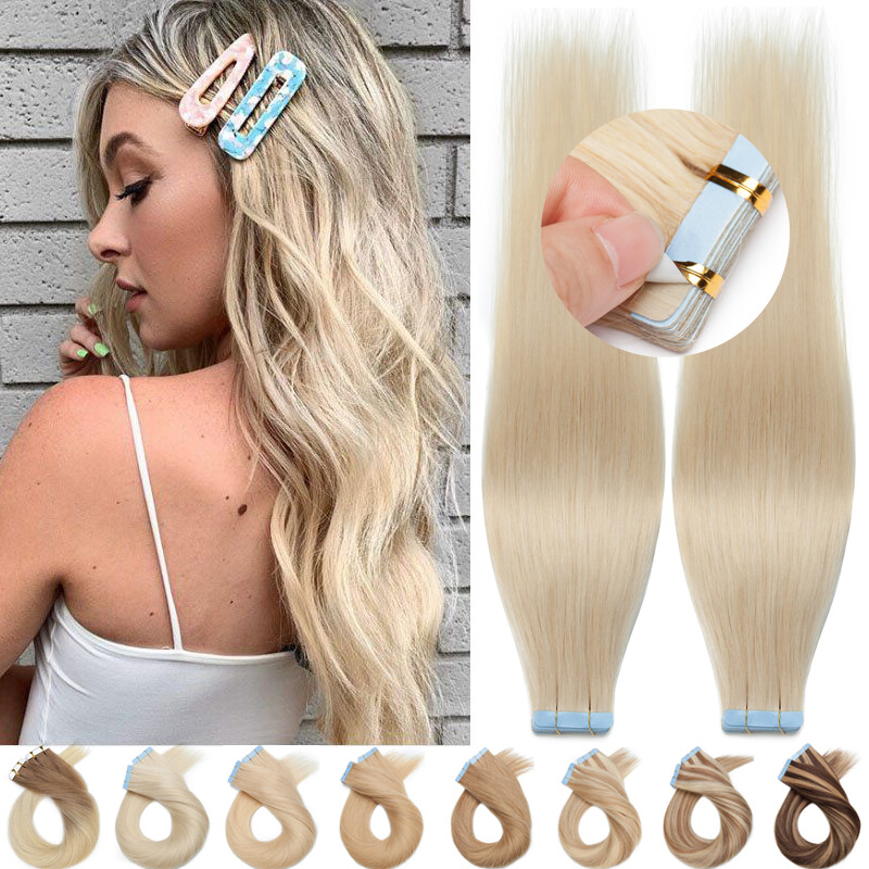 Ombre 100% Russian Tape In Real Human Hair Extensions Skin Wefts Thick Glue 100g