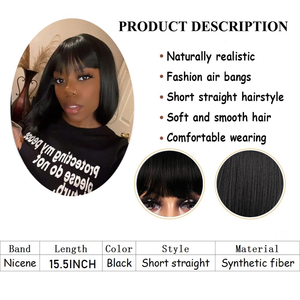 Black Bob Wigs with Bangs Straight Blunt Cut Shoulder Length Short Wig for Women
