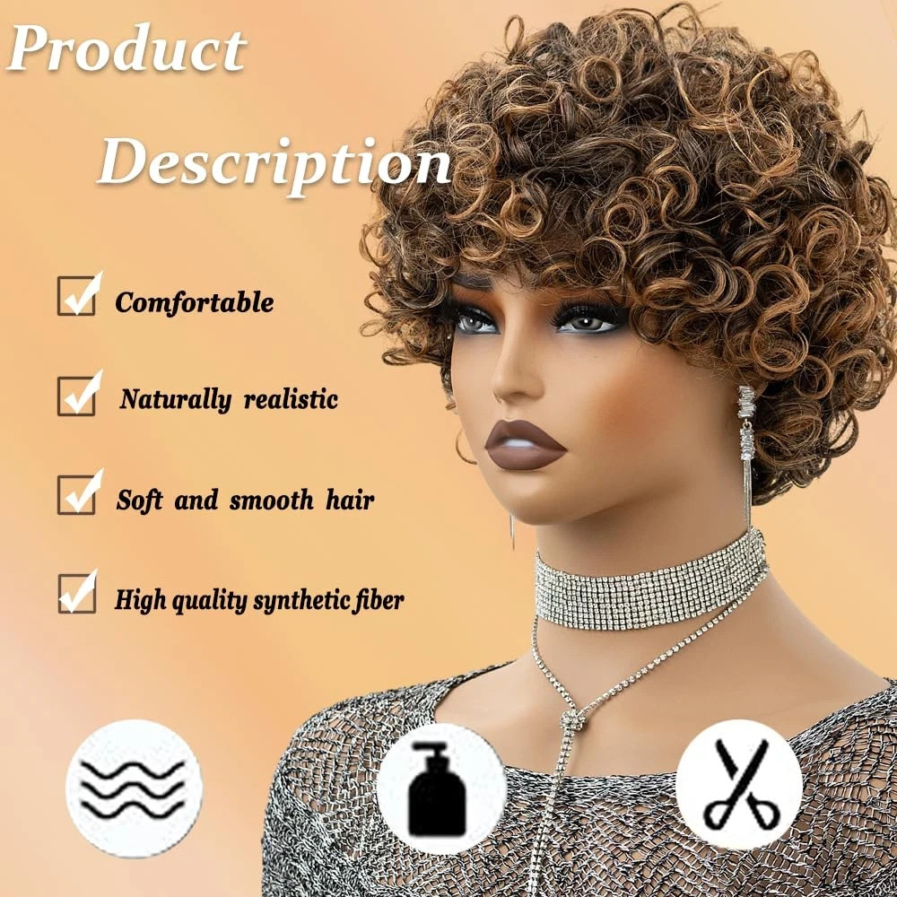 Short Curly Wig for Black Women Black Brown Highlight – Natural Afro Curls with