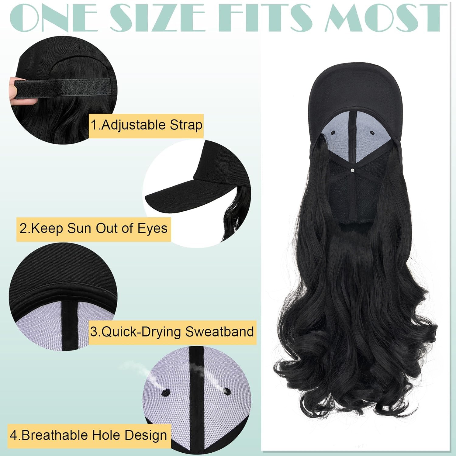 Women Baseball Cap Hat with Long Natural Wavy Synthetic Hair Wig for Party Black