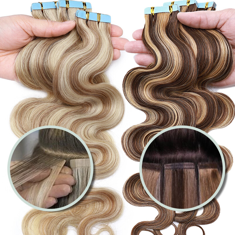 Body Wave Thick Tape In Skin Weft 100% Remy Human Hair Extensions Full Head 150g
