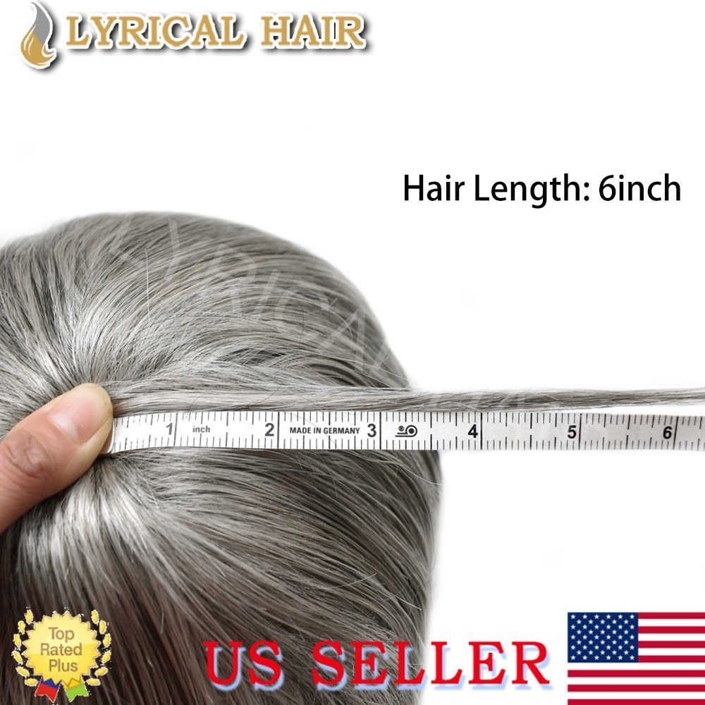 All Poly Mens Toupee Human Hair Replacement System Skin PU Grey Brown Hairpiece