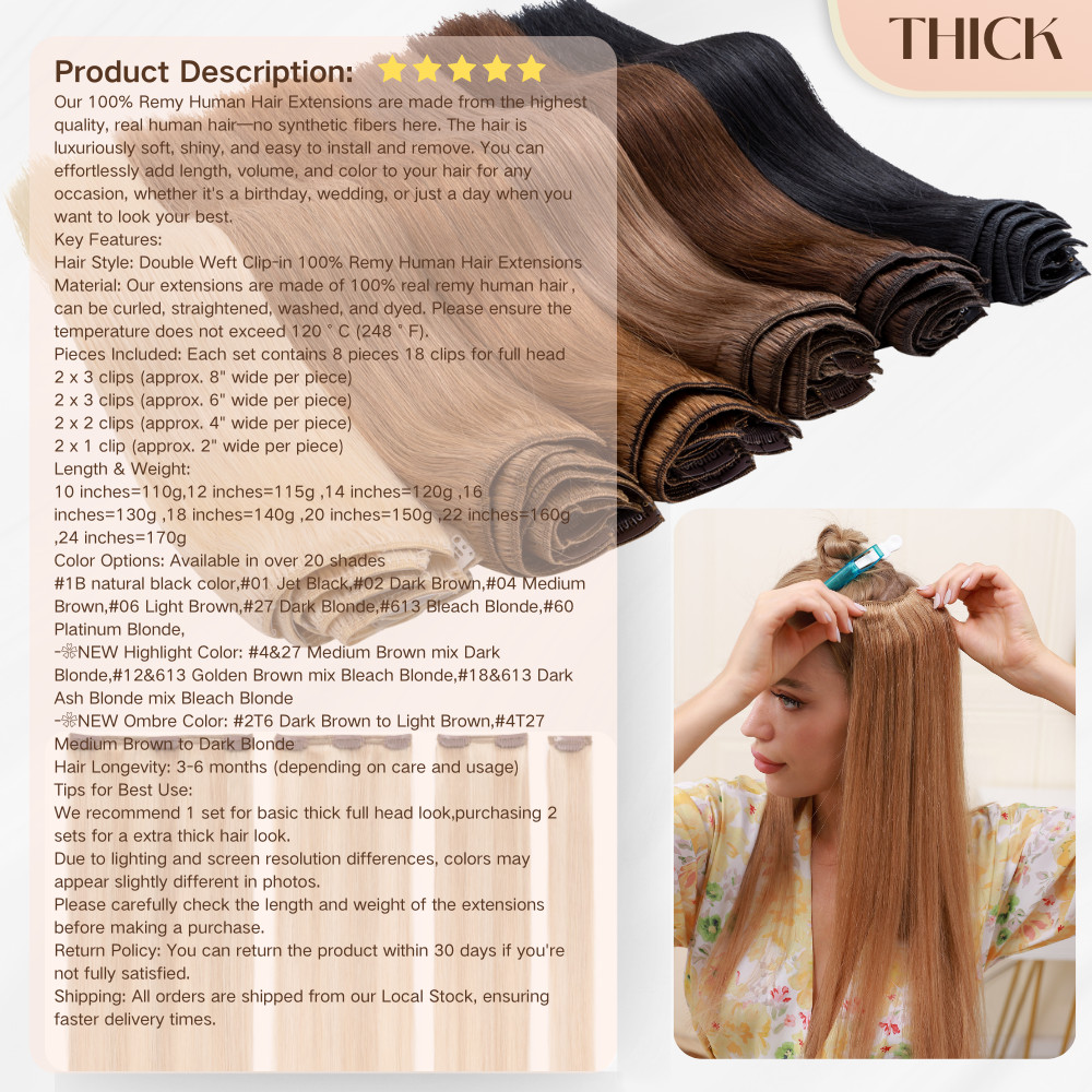Big THICK Clip In 100% Real Remy Human Hair Extensions Full Head Double Weft US