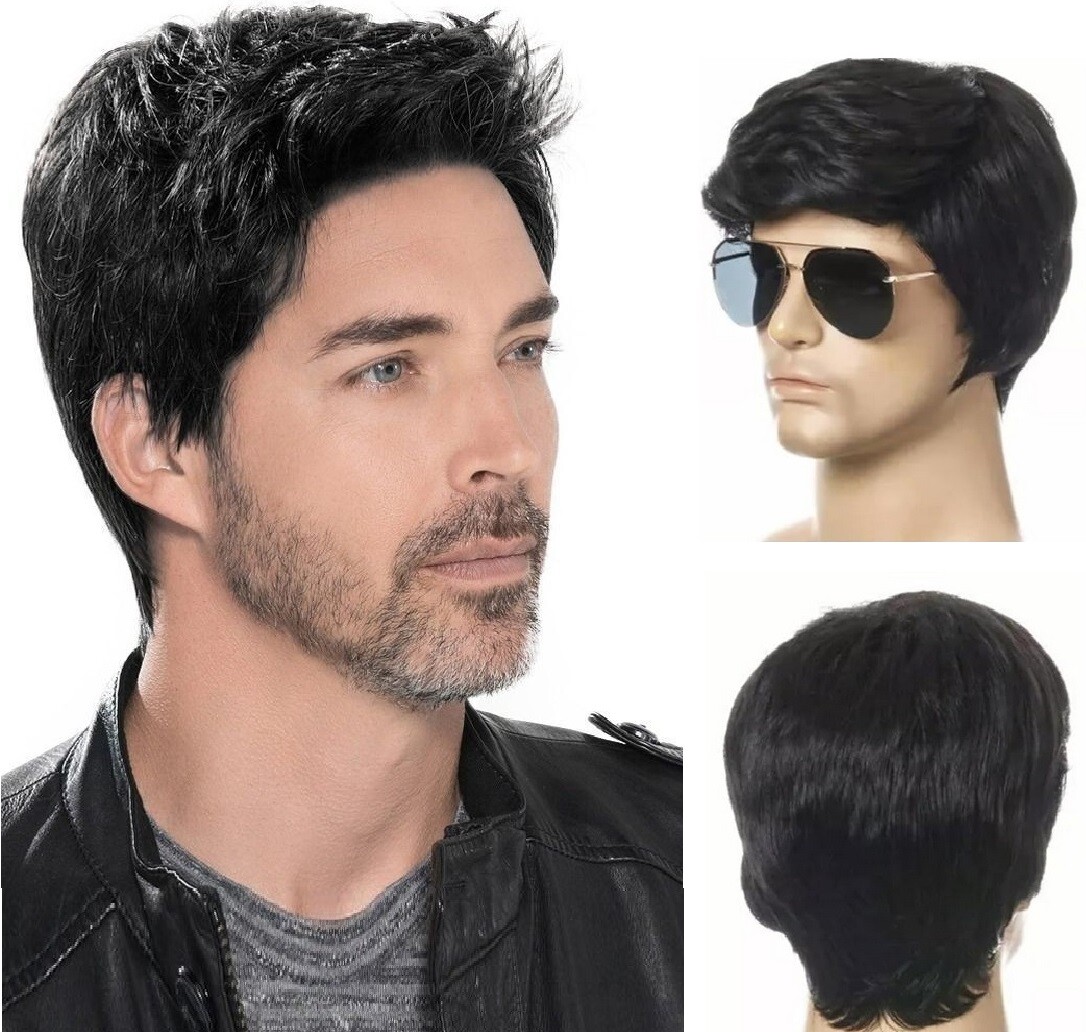 Men’s Black Men Wig Short Full Wigs Straight Little Wavy Synthetic Hair Daily US