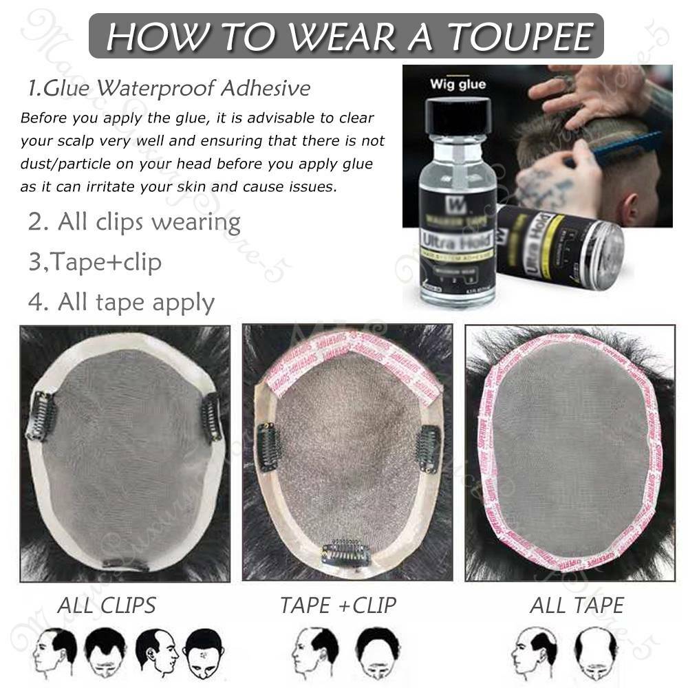 Fine Mono Mens Toupee Hairpiece Poly Skin Human Hair Replacement System Wigs US