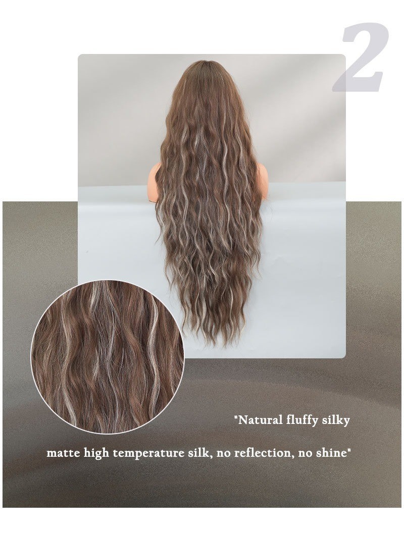 36-inch ultra-long wavy hair with fringe brown highlighted and gray heat-resist