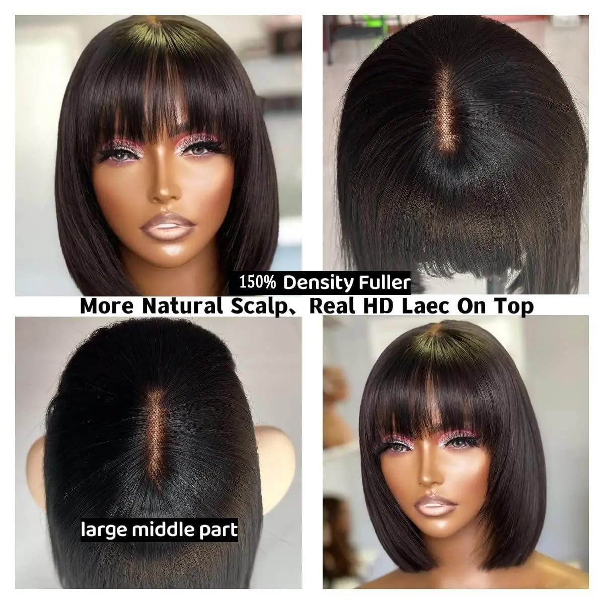 Indian Bob Straight Human Hair Wigs With Bangs 2×1 Lace WigsGlueless for Women