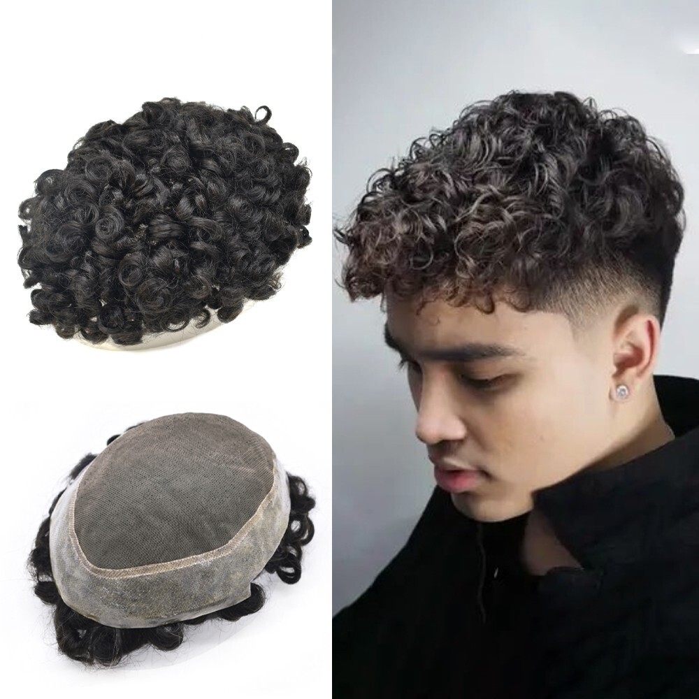Afro Toupee for Black Men Durable Mono Afro Weave Kinky Curly Mens Wig Hair Unit