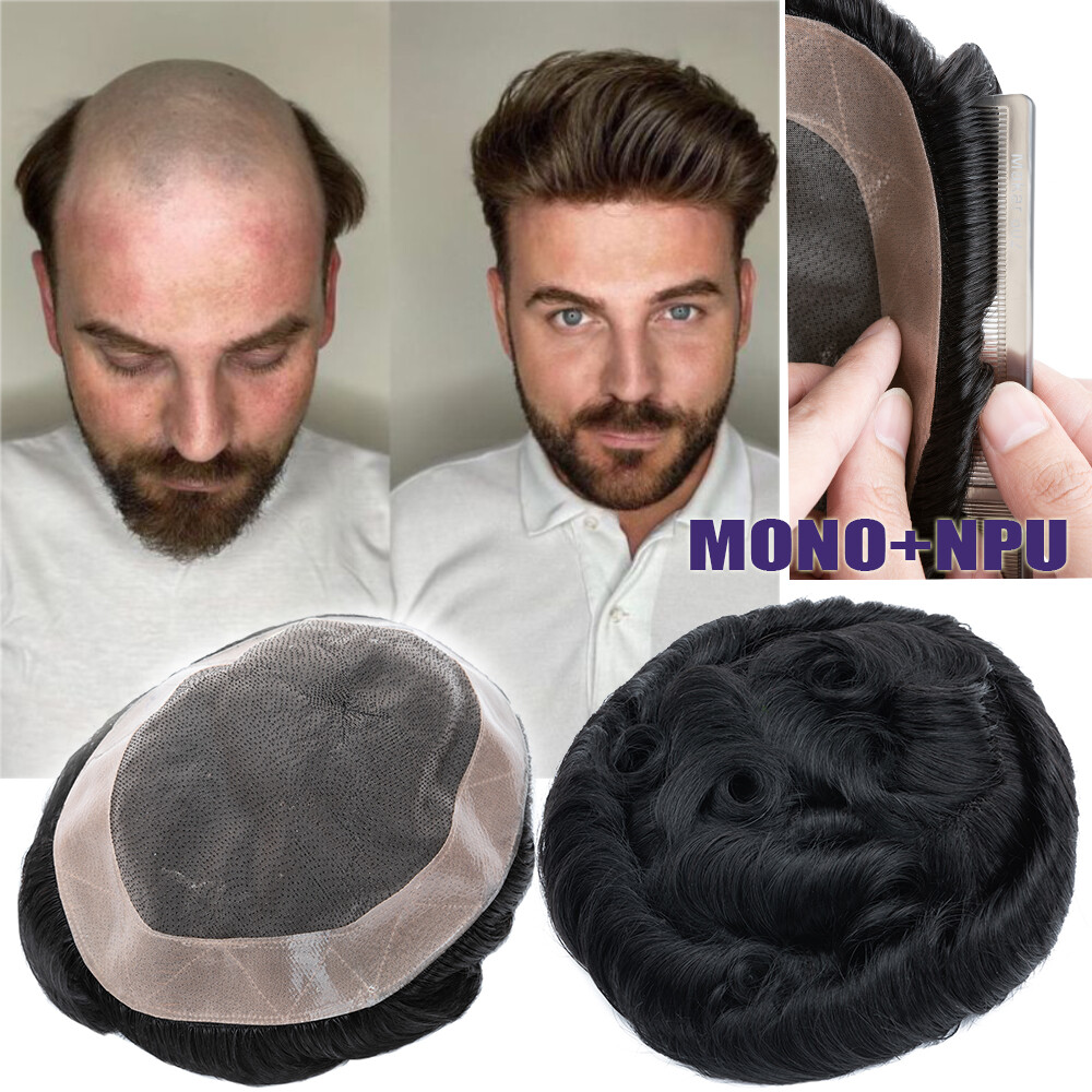Fine Mono NPU Toupee Indian Virgin Human Hair Men’s Replacement System Hairpiece