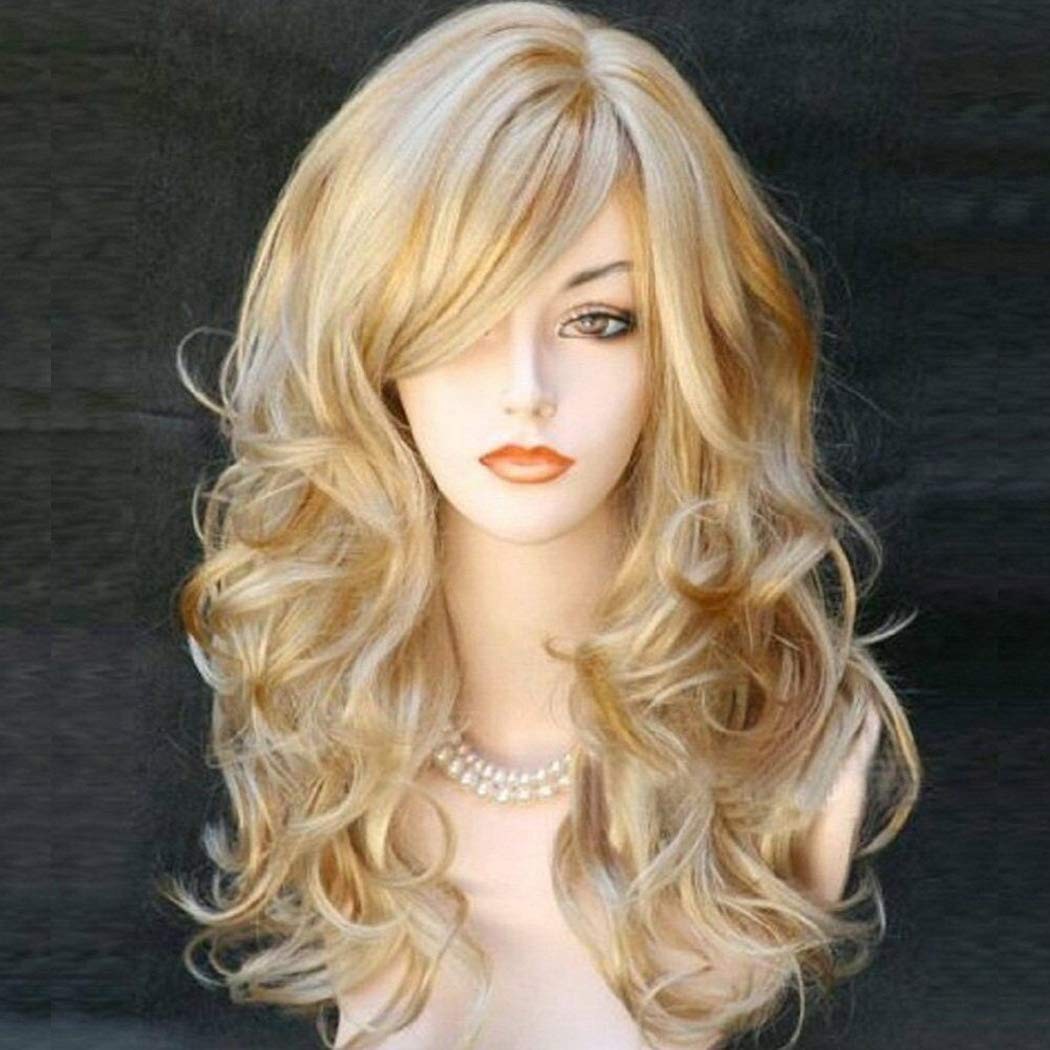 Pop Womens Golden Blond Heat Resistant Long Curly Wavy Full Volume Hair Wig USA