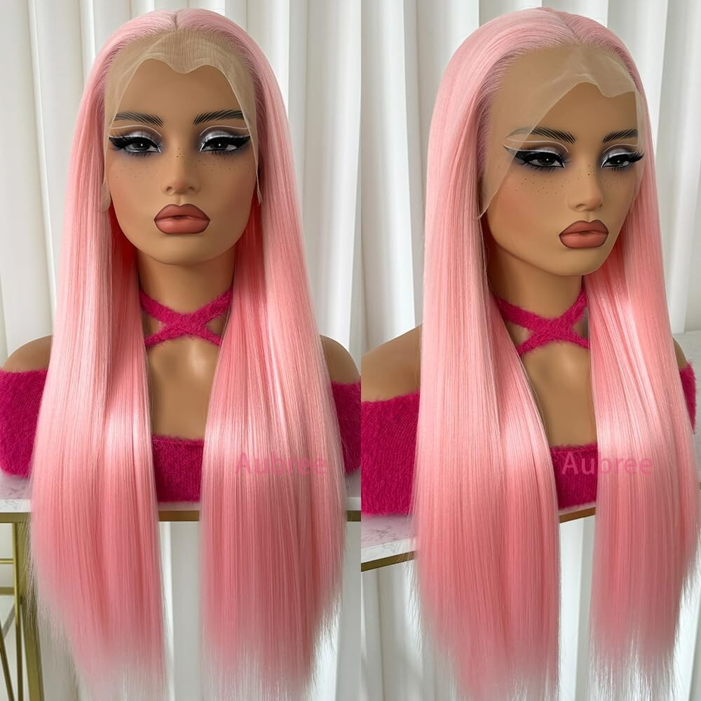 Pink Lace Front Wigs for Women Girls Party Long Silky Straight Hair Glueless Wig