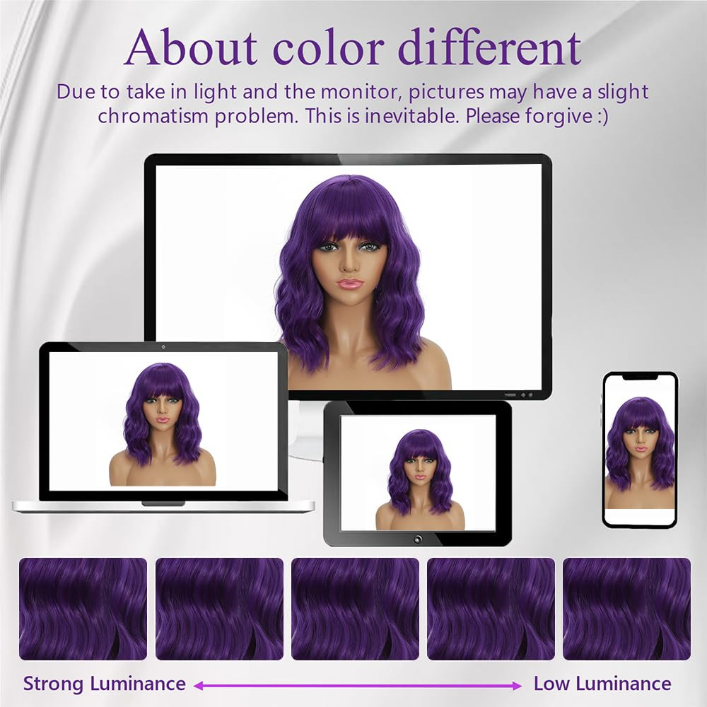 Dark Purple Wigs with Bangs for Women 14 Inch Short Wavy Bob Wigs Synthetic Bob