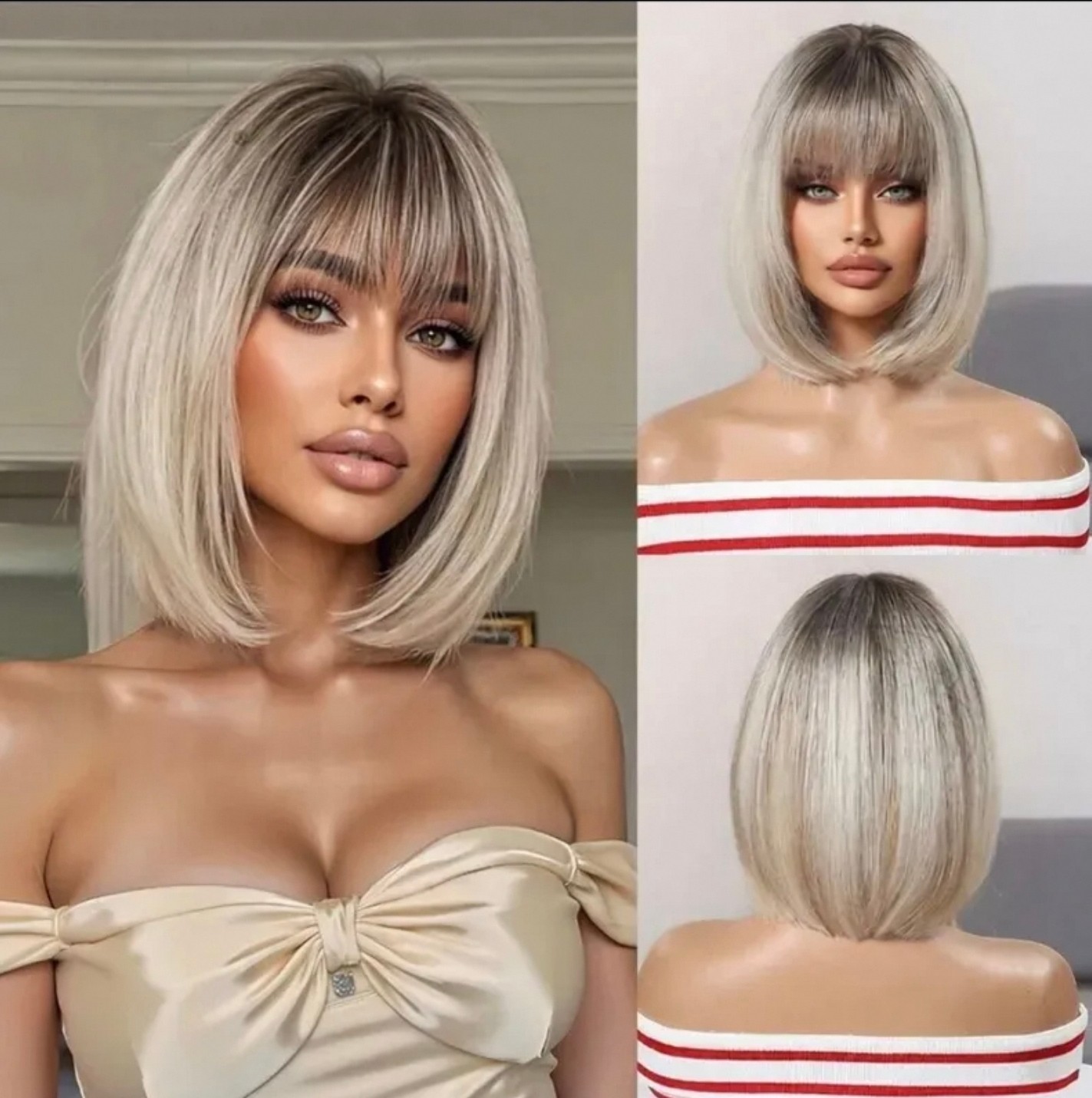 Short Ombre Blonde Highlight Bob Wigs with Bangs Dark Roots Fashion Party Wigs