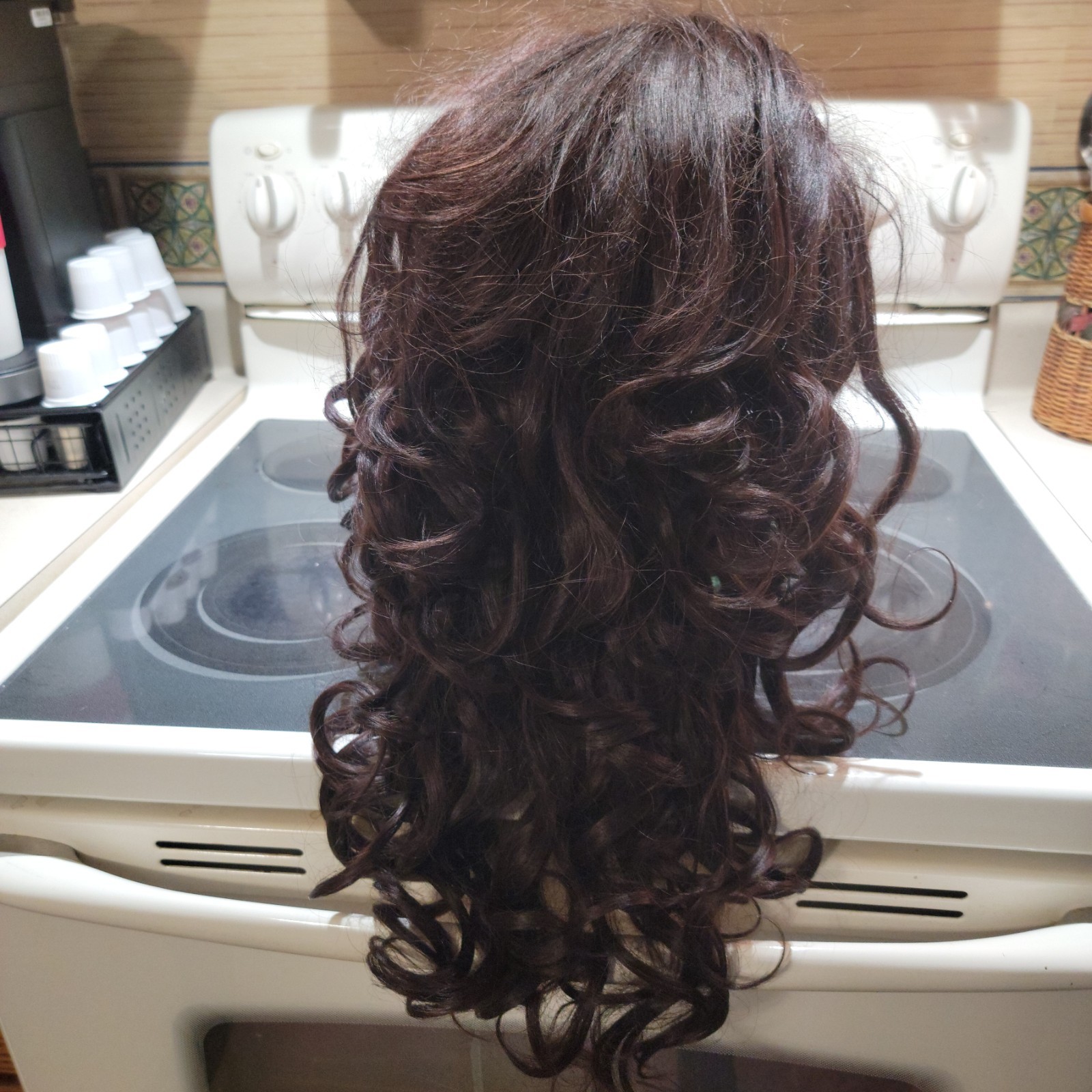 Vintage Elura 100%Mod Acrylic Fiber 21″ Fr Top Center Brunette Long Curly Wig