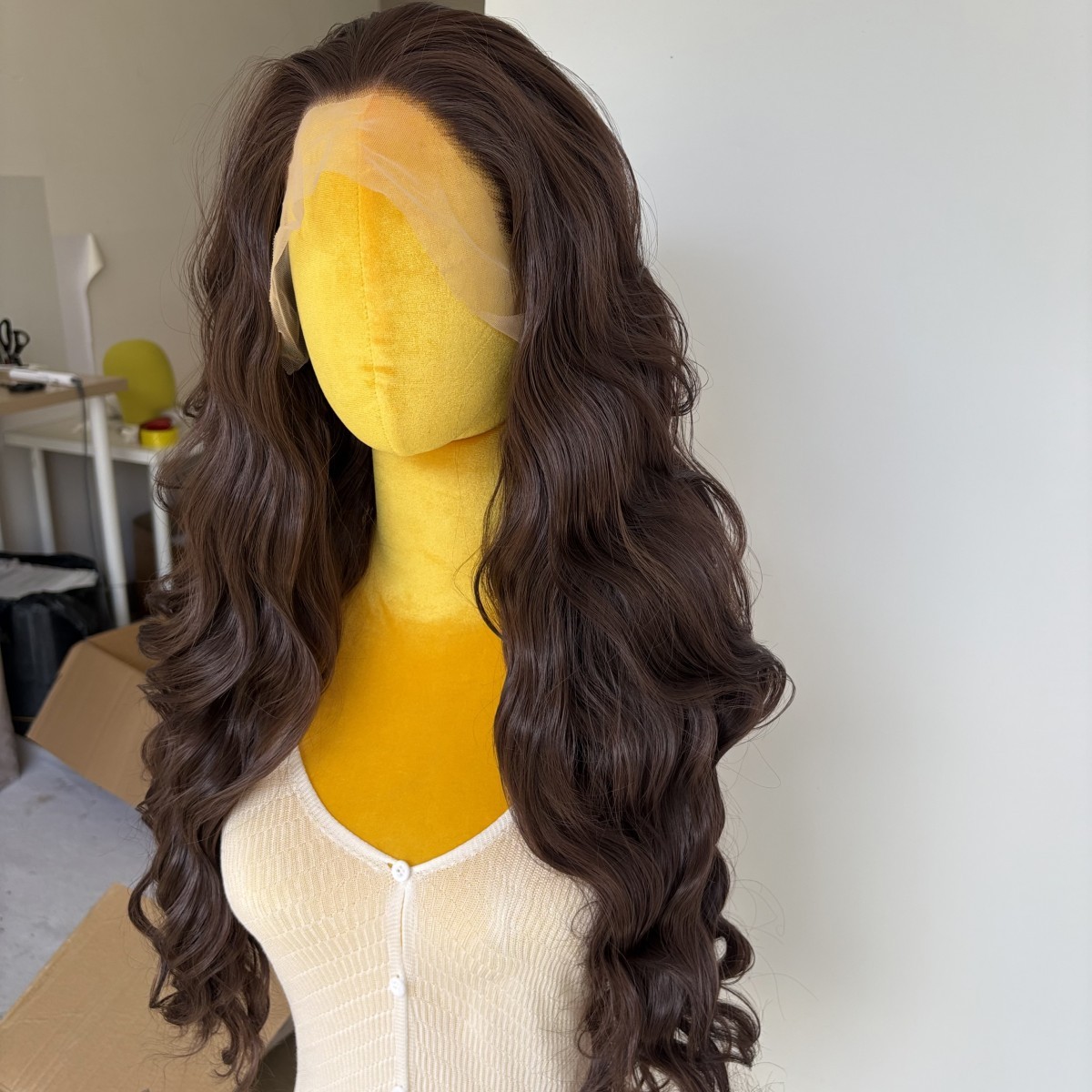 Dark brown Heat Resistant Synthetic Hair Lace Frontal Wigs Long Wavy
