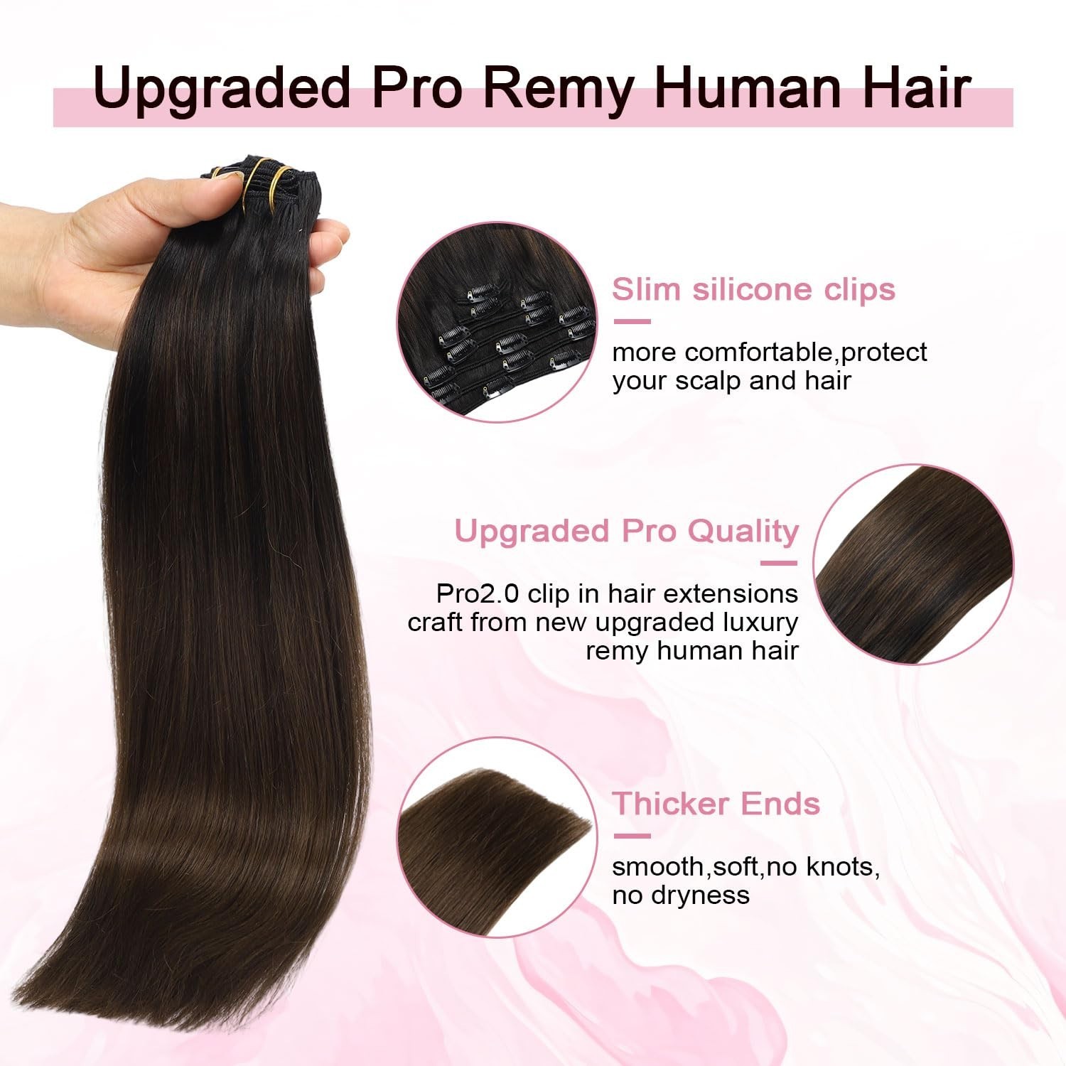 22″ Clip-In Real Human Hair Extensions 7pcs #1BT4 Natural Black to Brown 120g