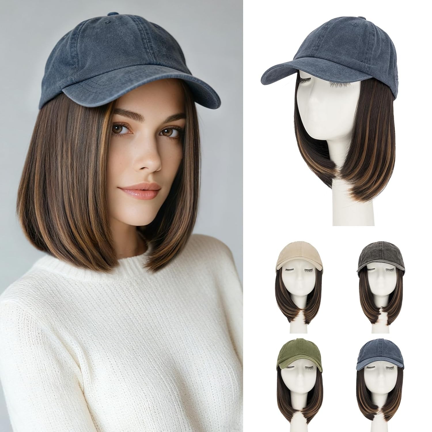 6in/8in/16in Baseball Cap with Hair Extensions Natural As Human Hat Hairpiece US