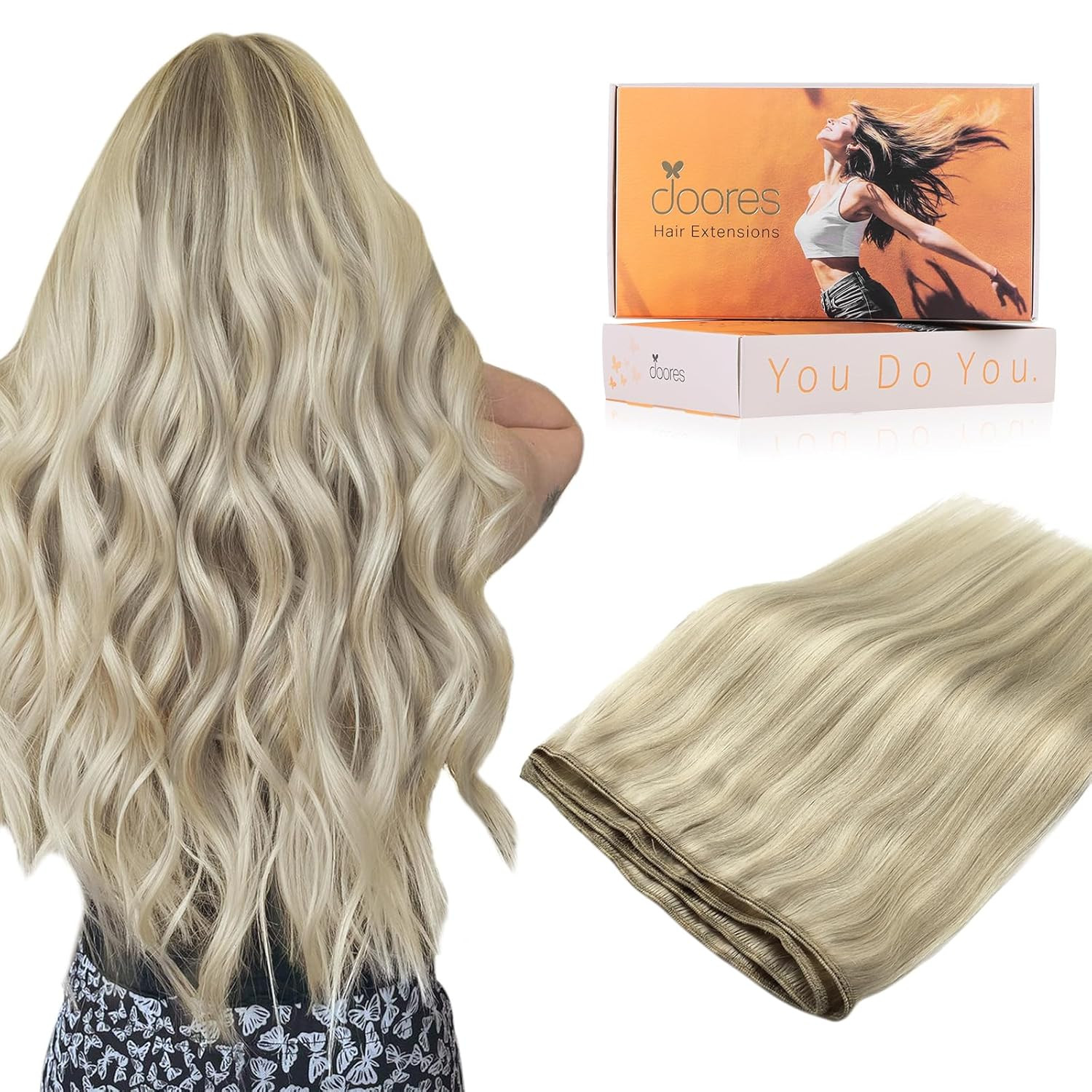 Weft Hair Extensions, 24 Inch 140G Ash Blonde Highlighted Platinum Blonde, Long