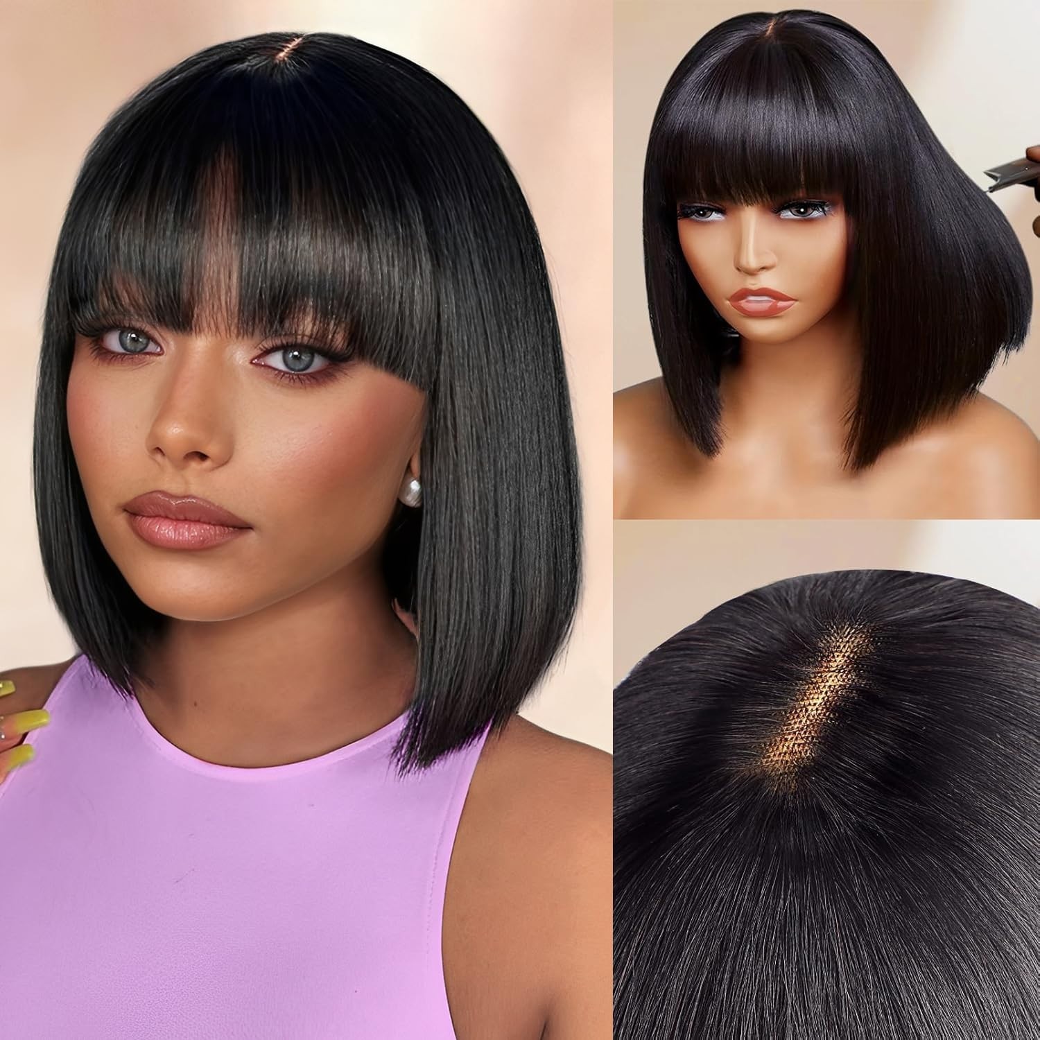Short Bob Human Hair Wigs with Bangs 2×1 Lace Front Wigs Brazilian Straight Hair