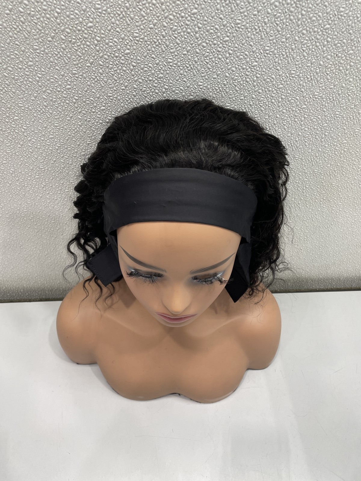 Wenyan Natural Black Deep Wave Human Hair Headband Glueless Wig, 12″