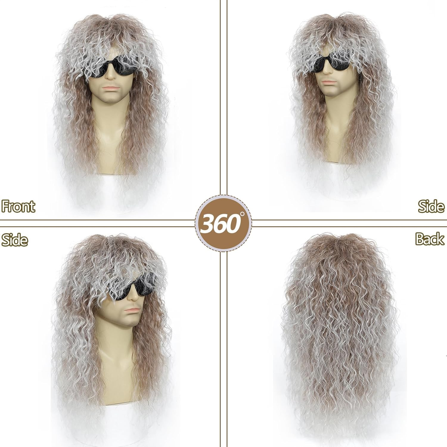 Rock Wig for 70S 80S Costume Men and Women Curly Wavy Rocker Wig with Bangs Hipp