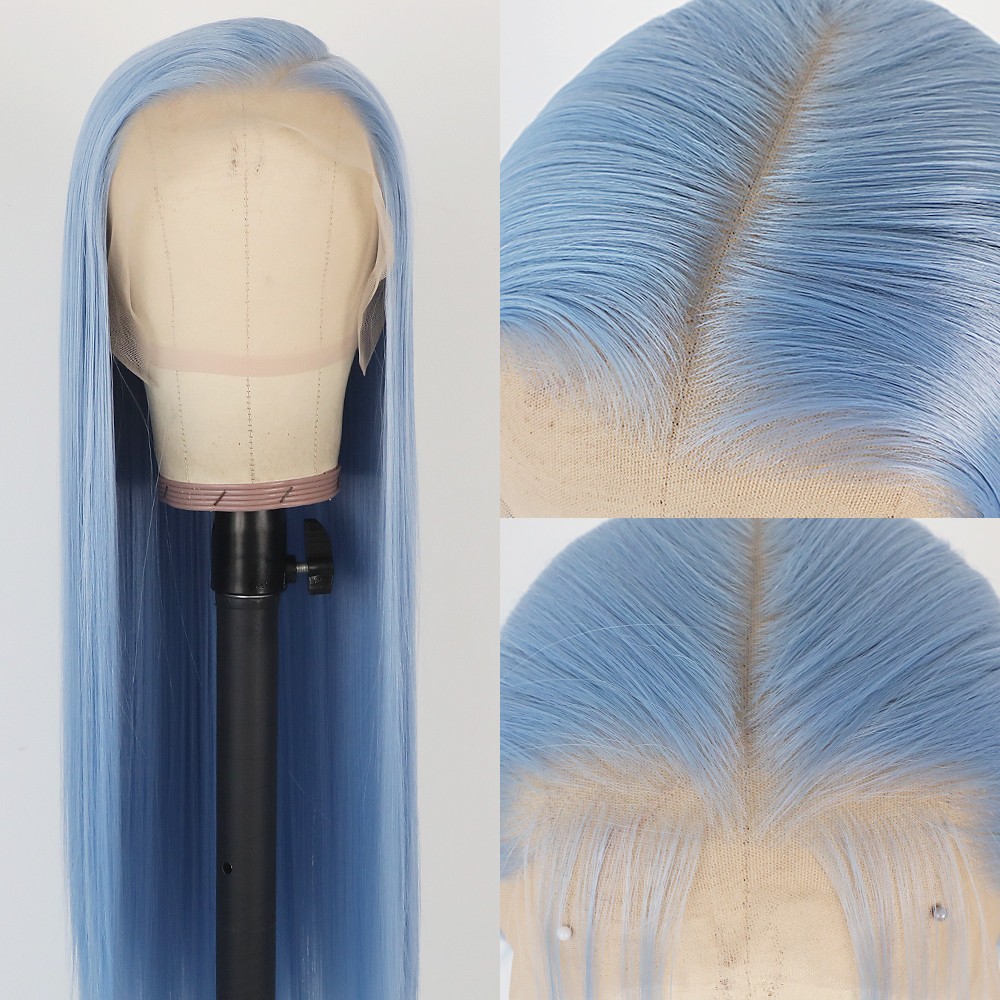 13×6 Long Silky Straight Blue Hair Lace Front Wigs Women Party Natural Hairline