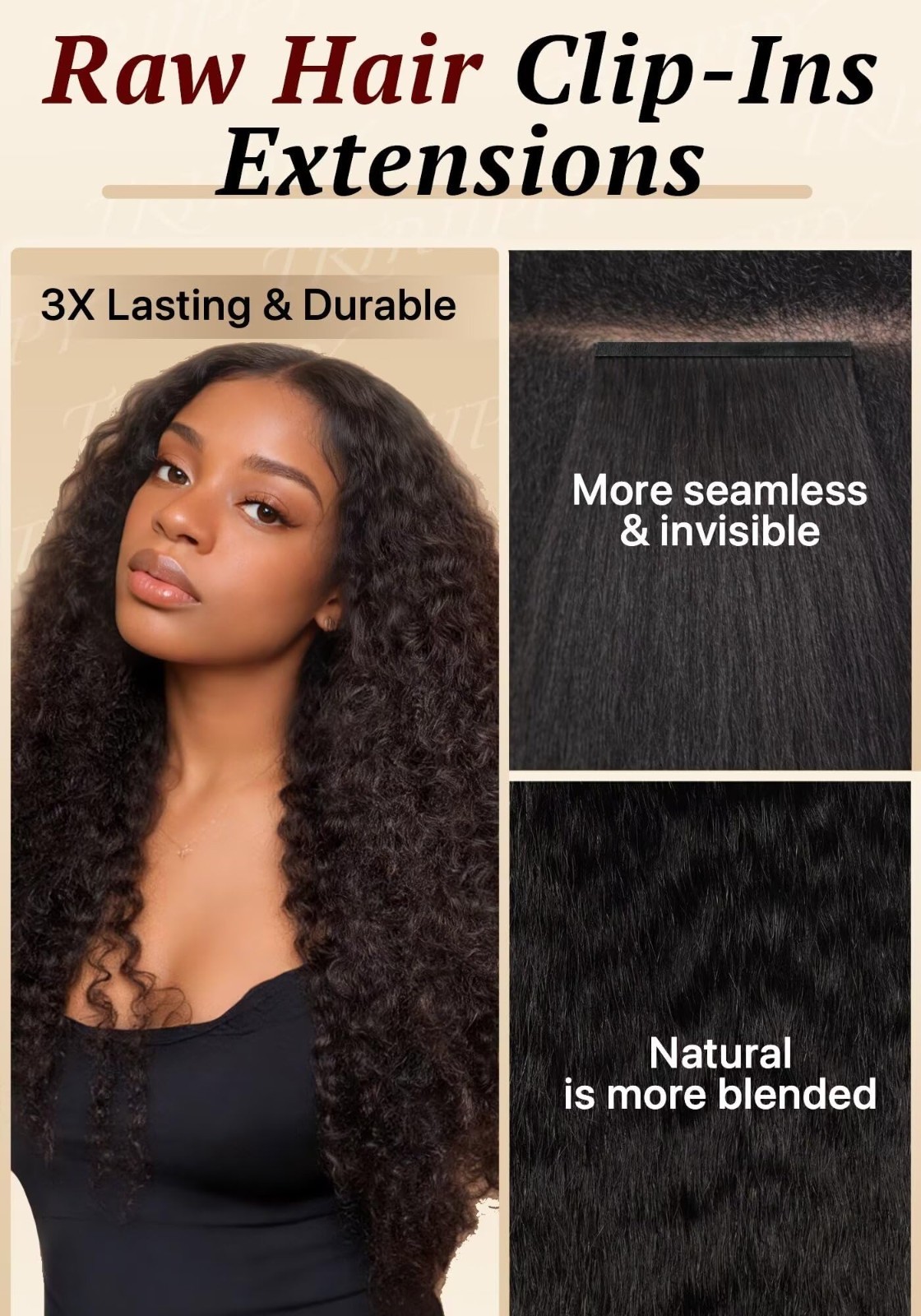 Seamless Clip-In Hair Extensions 135g 7pcs, 20″ Curly Real Human Hair, Natural C