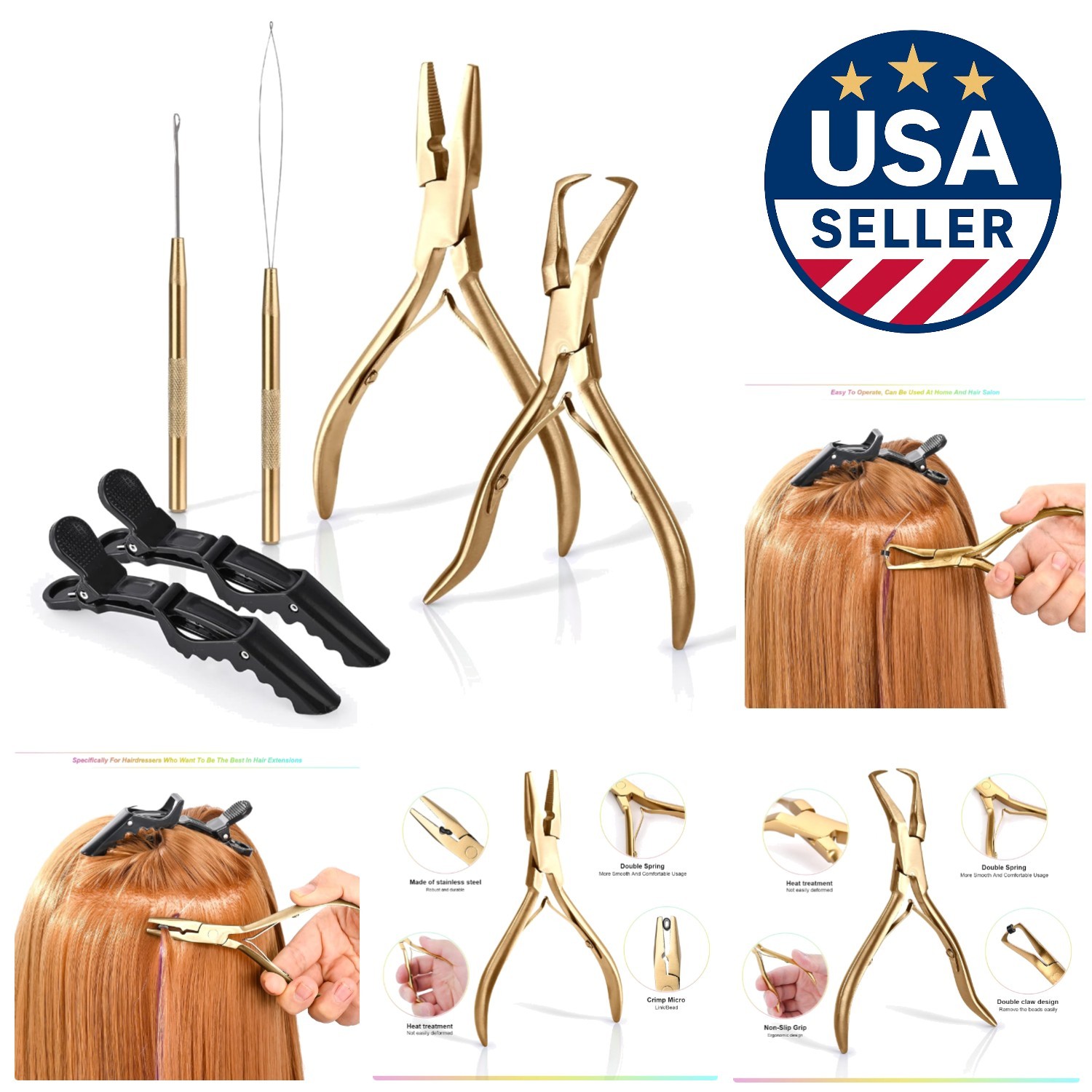 Essential Gold Tool Kit for Hair Extensions: Beading Pliers & Clips Included