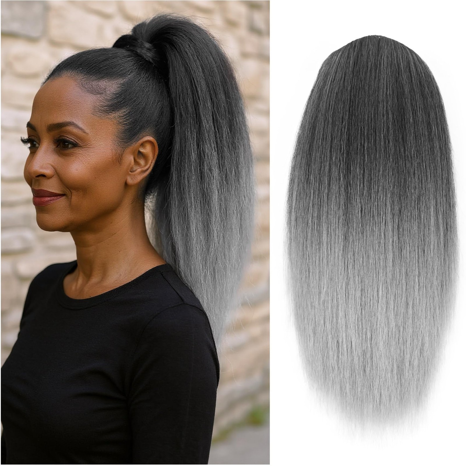 Grey Yaki Straight Drawstring Ponytail for Women 16inch Salt and Pepper Yaki …
