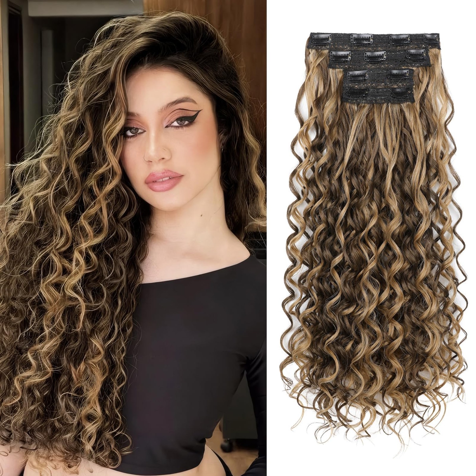 Curly Hair Extensions, 4PCS 24 inch Clip in Hair Extensions Lace Weft Short C…