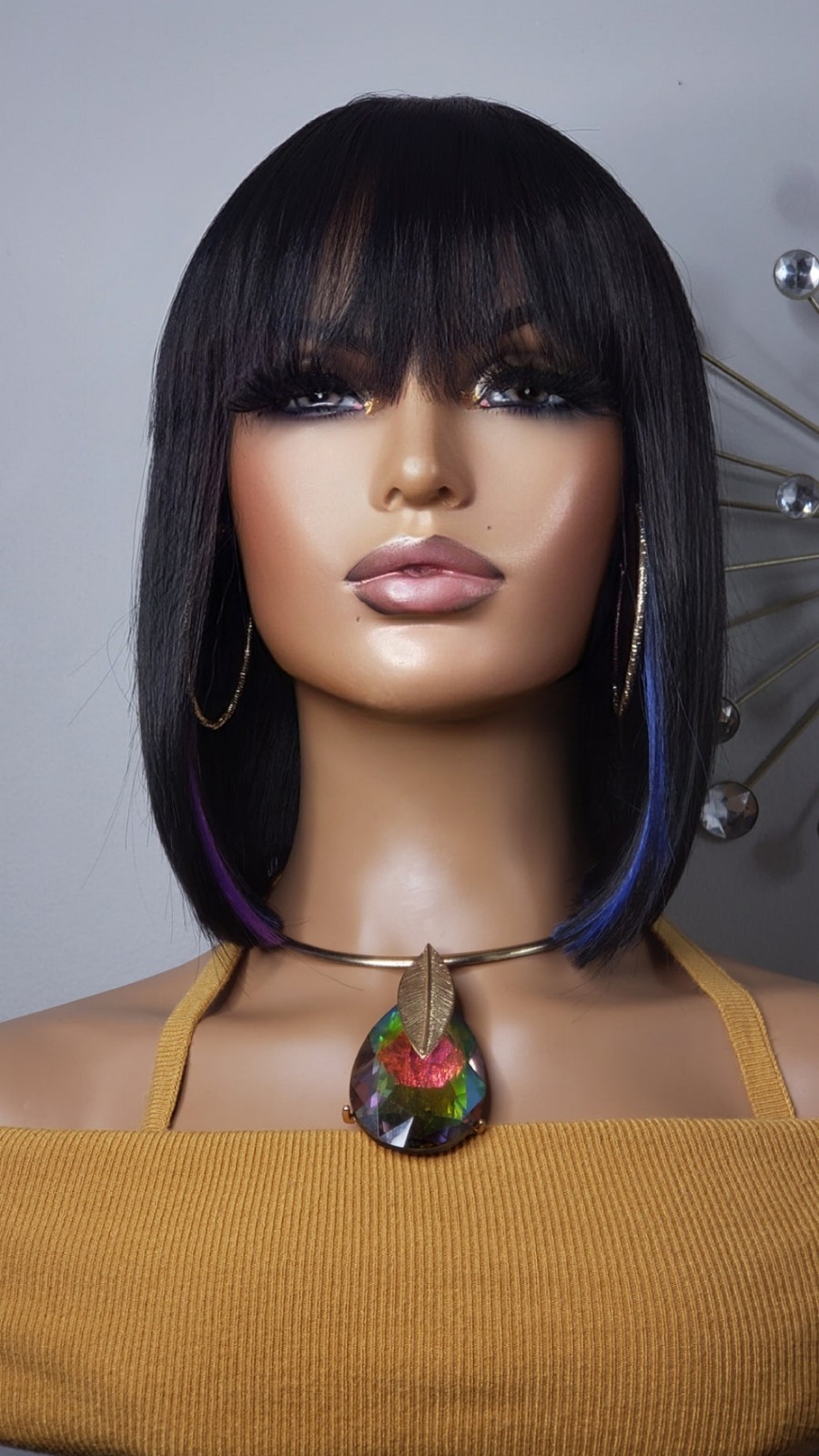 New Short Human Hair Blend Straight Bob Wrap Full Cap Wig Black Blue Purple Wig