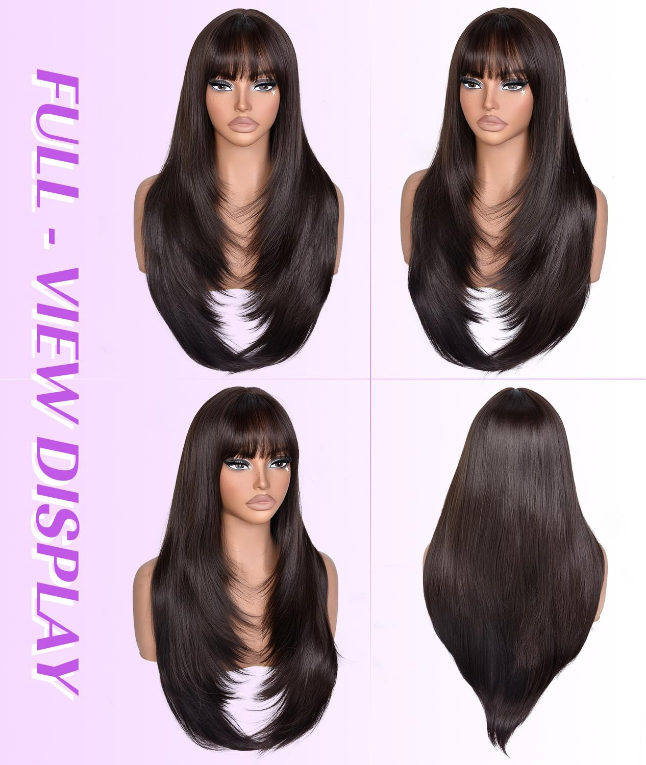 Long Layered Brown Wig with Bangs Straight Synthetic Wigs for Women 26 Inch | Be